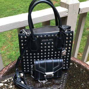 🔴Michael Kors Black Silver Stud Mercer Crossbody & Wallet